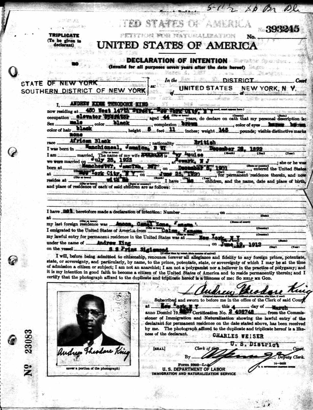 Example of earlier Immigration Form:  United States of America - Declaration of intention