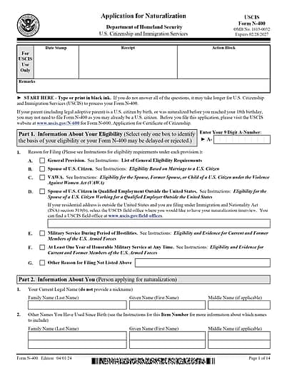 N-400 - Application For Naturalization - Page 1 of 14