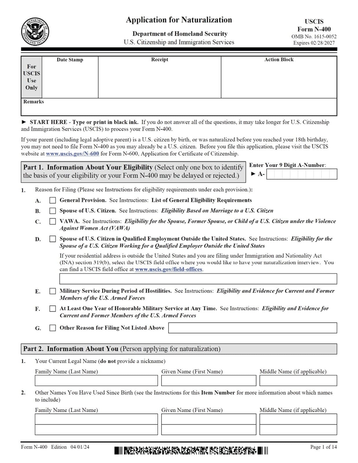 N-400 - Application For Naturalization - Page 1 of 14