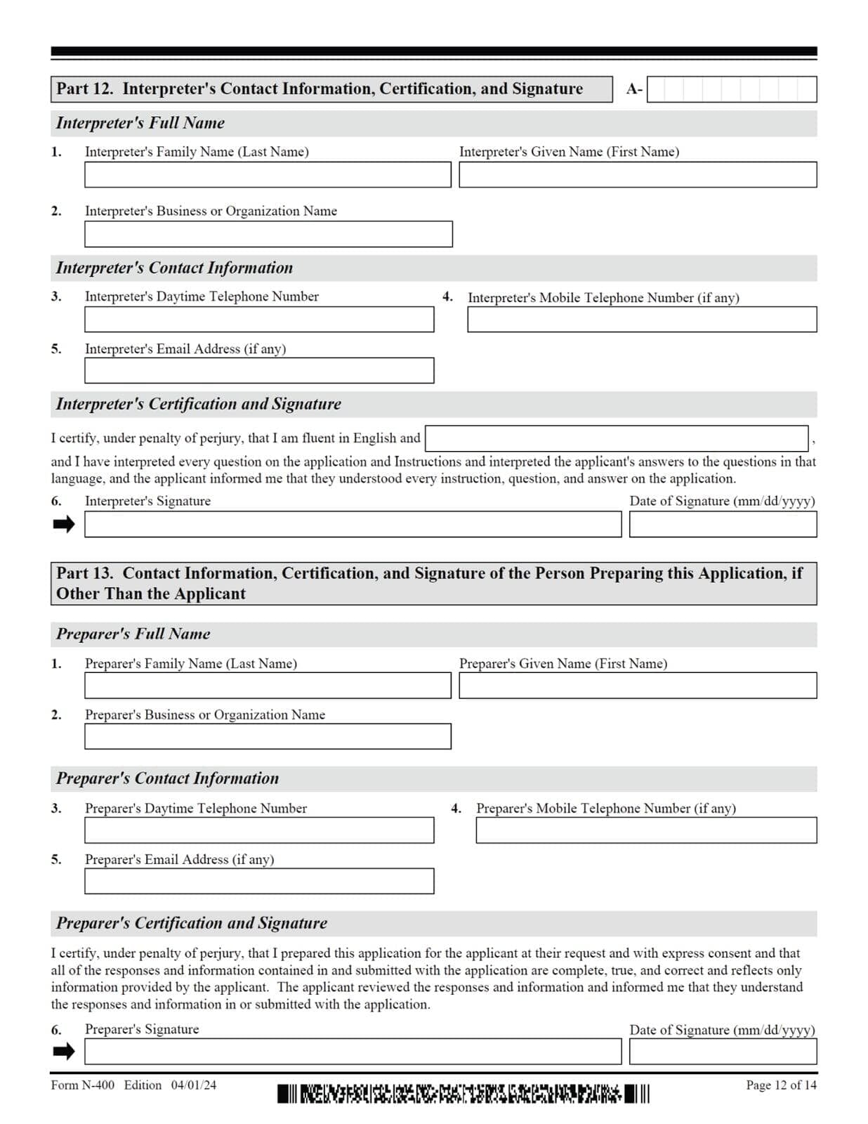 N-400 - Application For Naturalization - Page 12 of 14