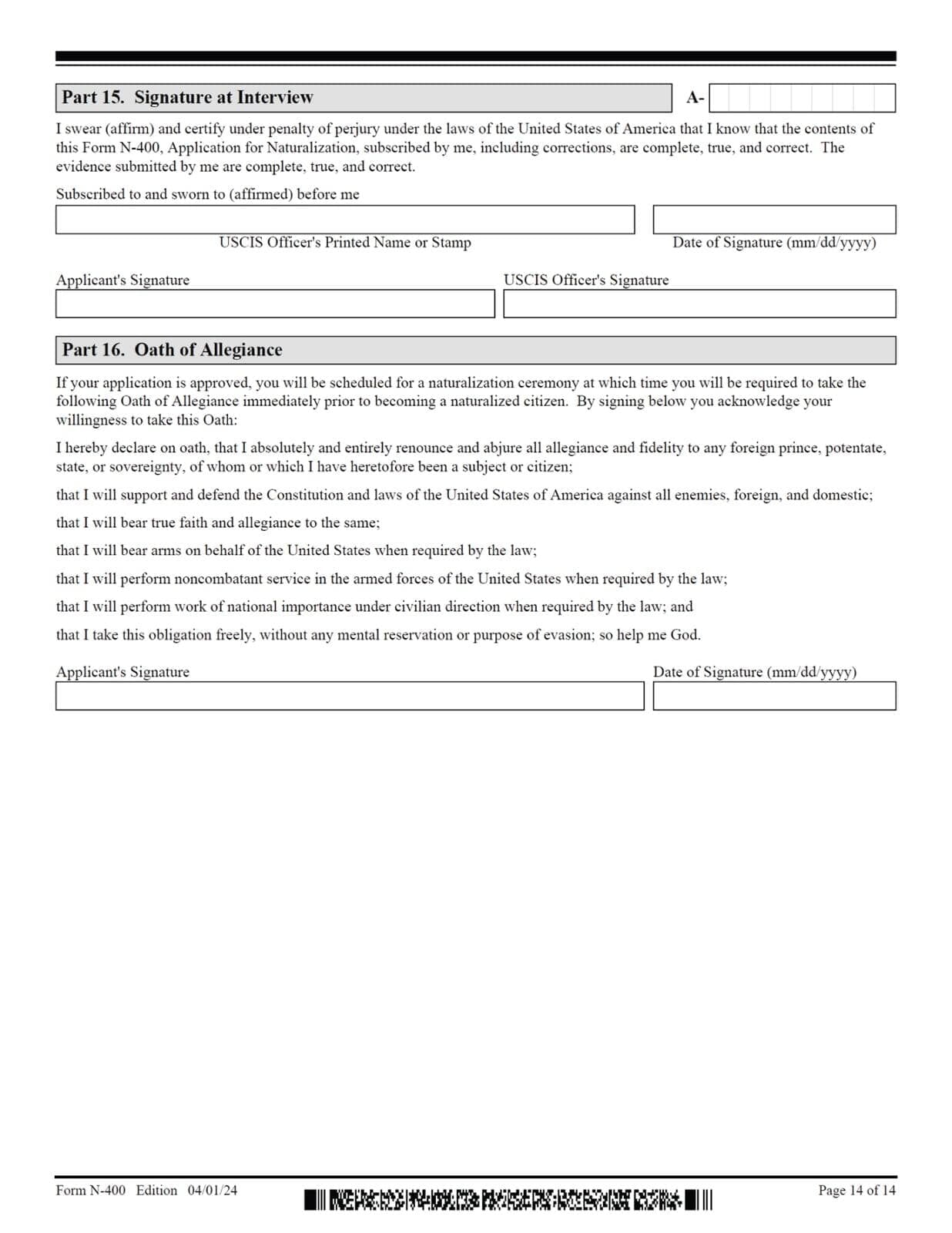 N-400 - Application For Naturalization - Page 14 of 14