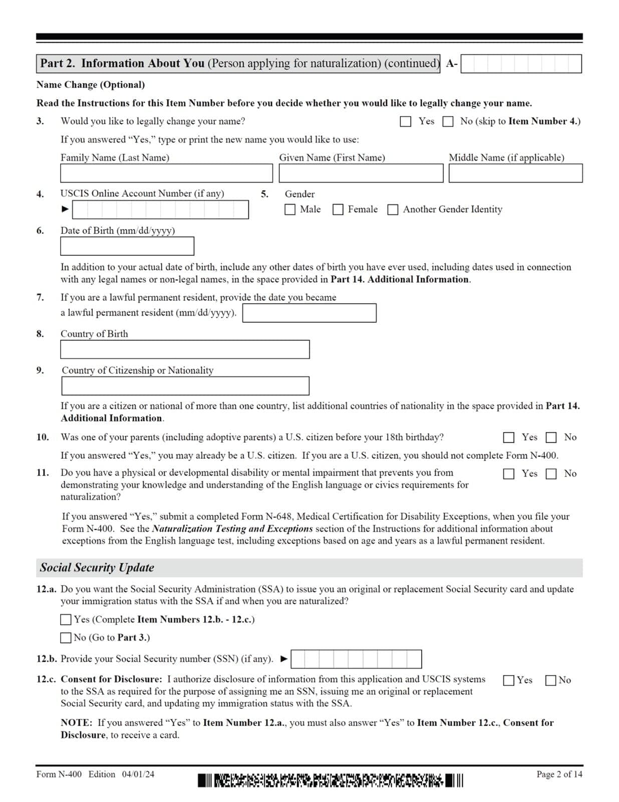 N-400 - Application For Naturalization - Page 2 of 14